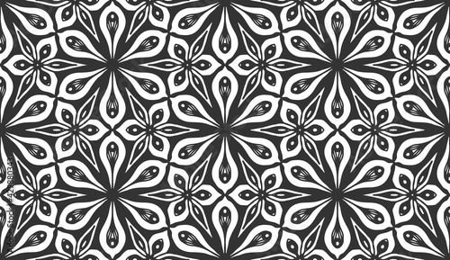 Seamless geometric flower pattern. Vintage black turkish fabric background. Decorative flat geometric arabian retro design. Regular floral elegant petals backdrop. Botanical wrapping paper ornament