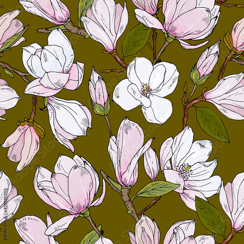 magnolia seamless pattern. Spring floral background. Bouquet of pink tropical flowers.