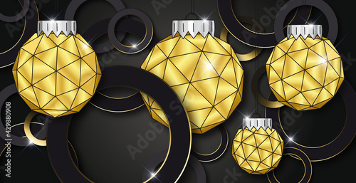 Weihnachtskugeln gold strass diamanten glänzend Hintergrund in schwarz, luxus design für Weihnachtskarte