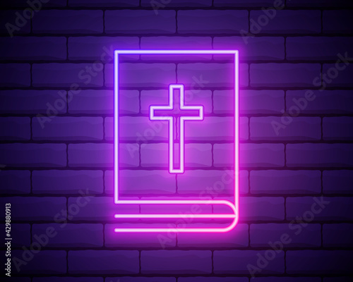 Holy Bible neon light icon. Glowing sign. Vector illustration isolated on brick wall backogrund.