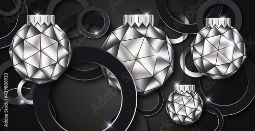 Weihnachtskugeln strass silber juwelen diamanten glänzend Hintergrund in schwarz, luxus design für Weihnachtskarte