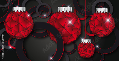 Weihnachtskugeln rot rubine strass glitzer Hintergrund in schwarz, luxus design für Weihnachtskarte