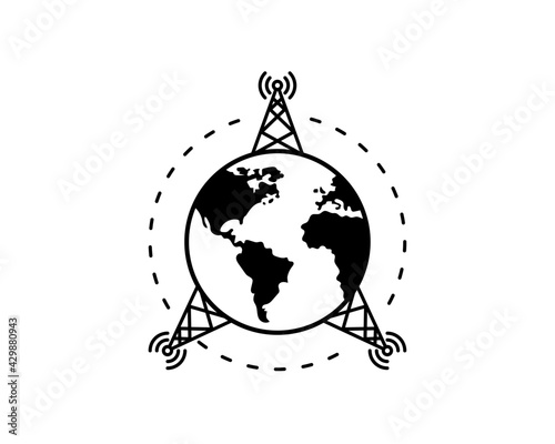 Antenna tower icon with tall telecommunication broadcast radio mast or base station glyph symbol.