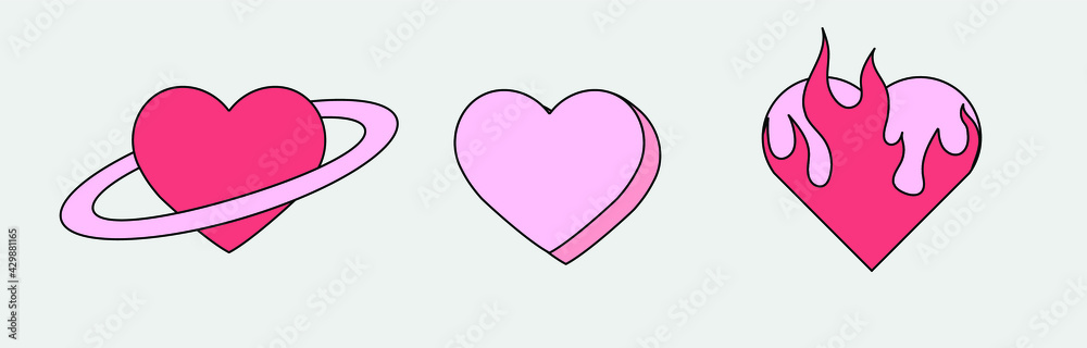 Cartoon style hearts. Set of cute stickers and patches. Cartoon style hearts. Set of cute stickers and patches.