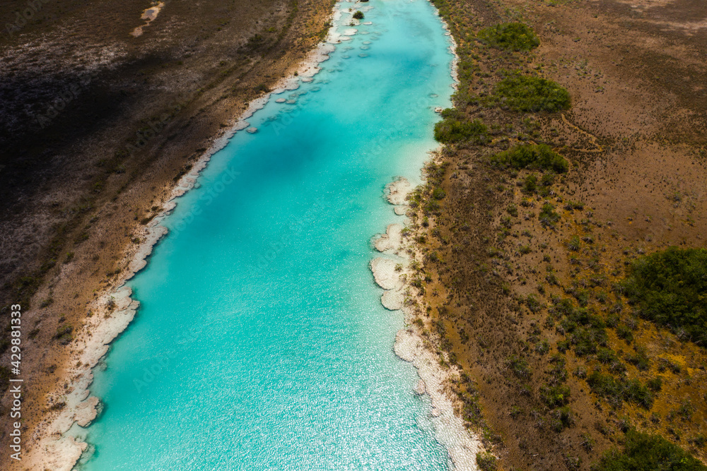Los Rapidos Bacalar. Lagoon in Mexico. Dron shot.