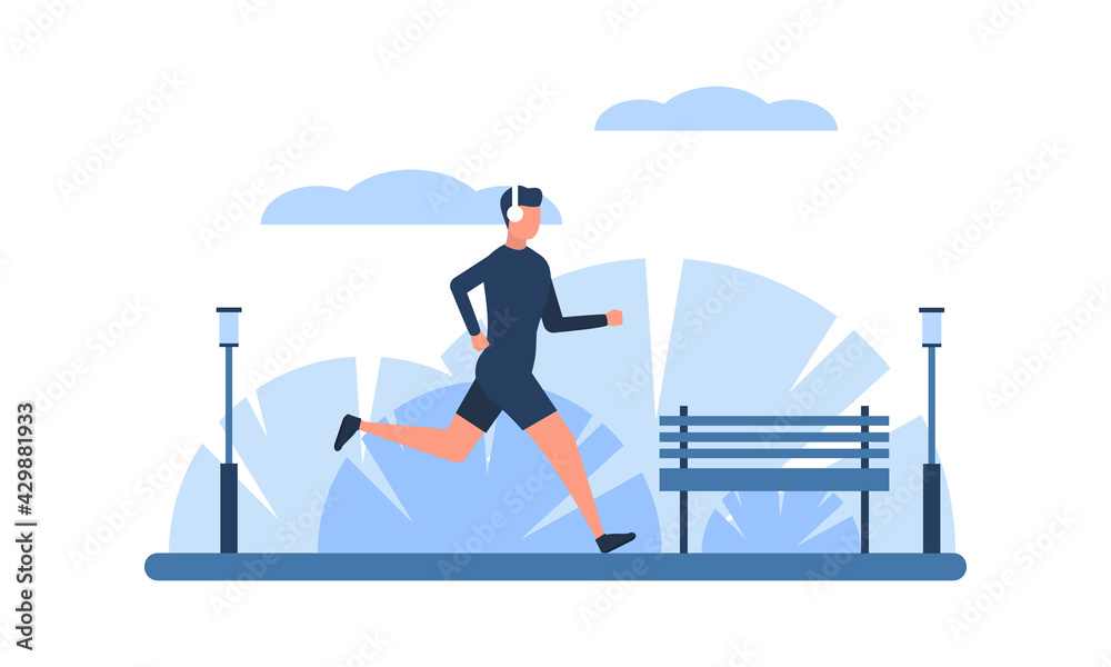 Obraz premium Man running road in city park. Active lifestyle flat illustration.