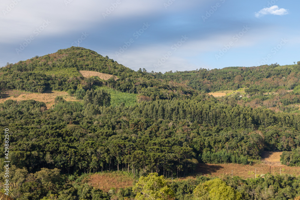 Obraz premium Farm fields, forest and mountains