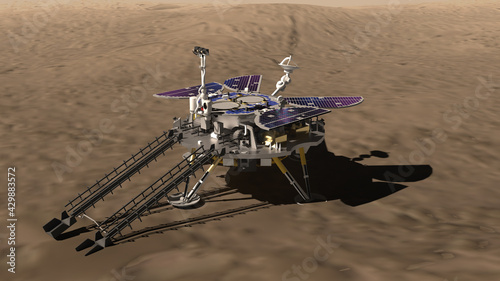 Artist depiction of the Tianwen-1 Mars mission from China. The lander on the surface of Mars. The rover with solar panels and lander ramp deployed. (3d illustration). Some elements provided by NASA.