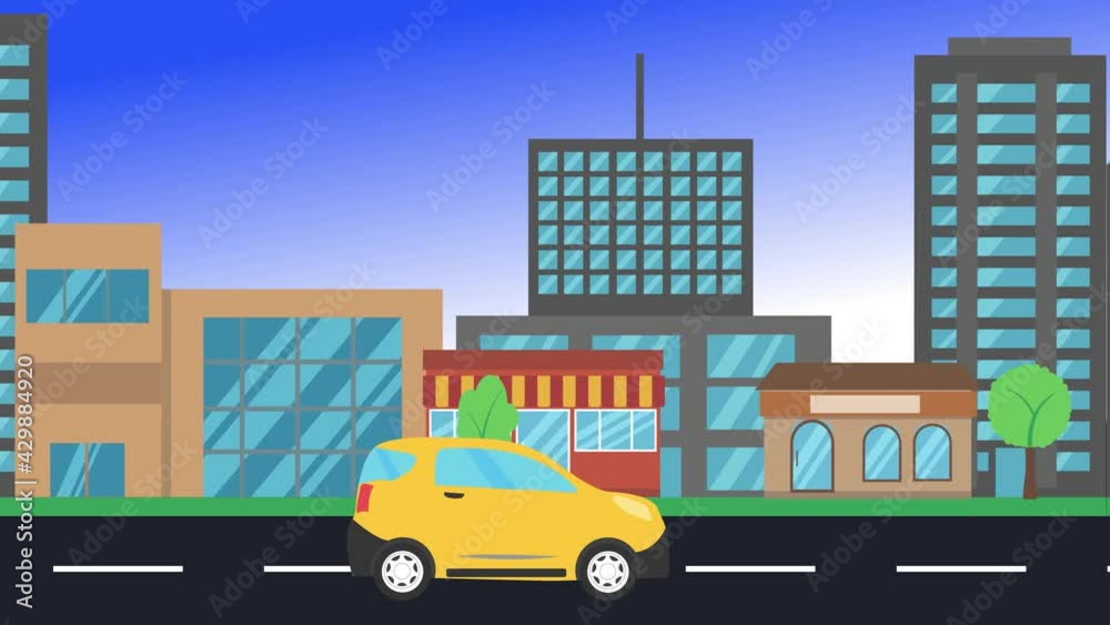 car driving rides around city side view, loop animation, flat design background car driving rides around city side view, loop animation, flat design background
