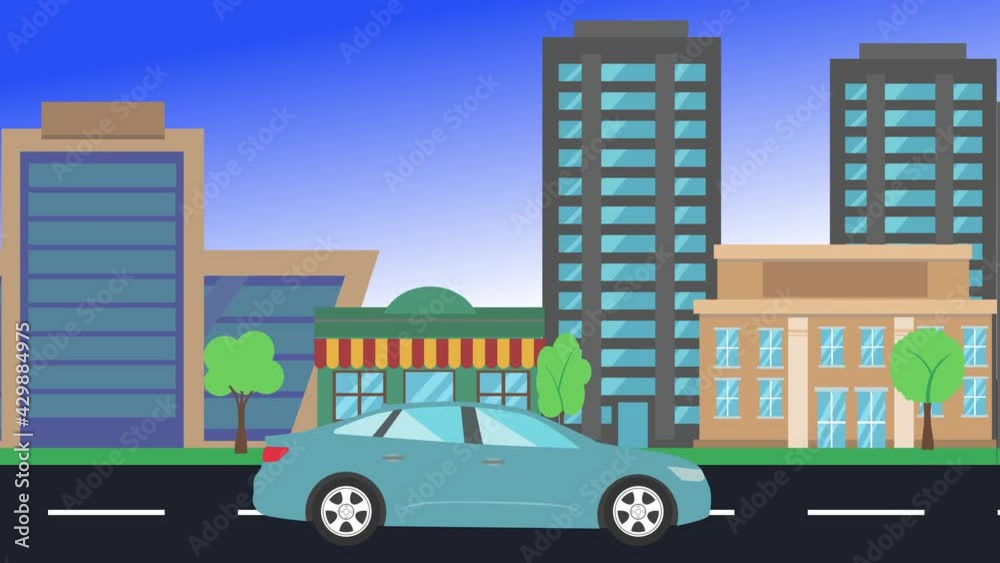 car driving rides around city side view, loop animation, flat design background car driving rides around city side view, loop animation, flat design background