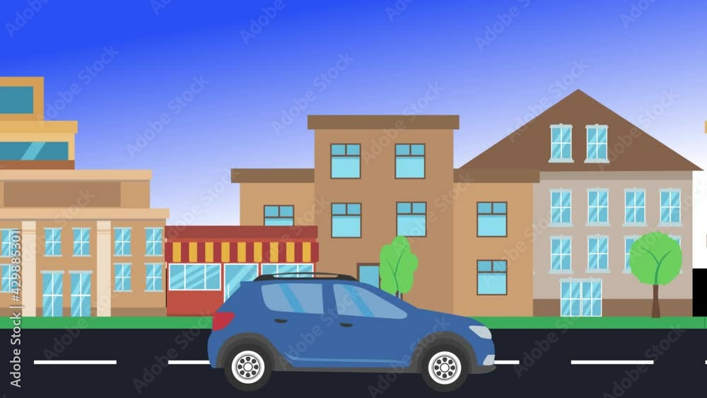 car driving rides around city side view, loop animation, flat design background car driving rides around city side view, loop animation, flat design background