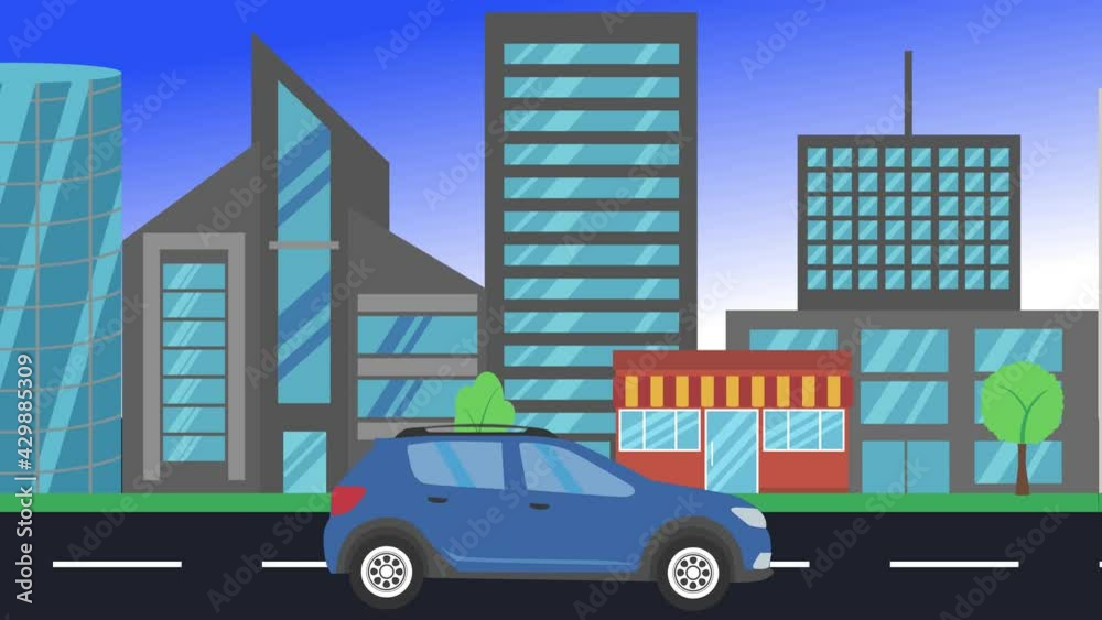 car driving rides around city side view, loop animation, flat design background car driving rides around city side view, loop animation, flat design background