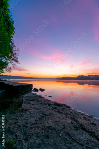sunrise scenery at a lake  Straussee  Brandenburg  Germany 