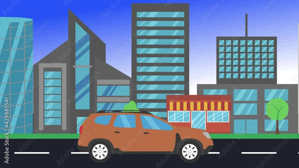 car driving rides around city side view, loop animation, flat design background car driving rides around city side view, loop animation, flat design background