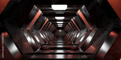futuristic sci-fi design space station hallway tunnel 3d render illustration with reflections and science fiction design wallpaper background