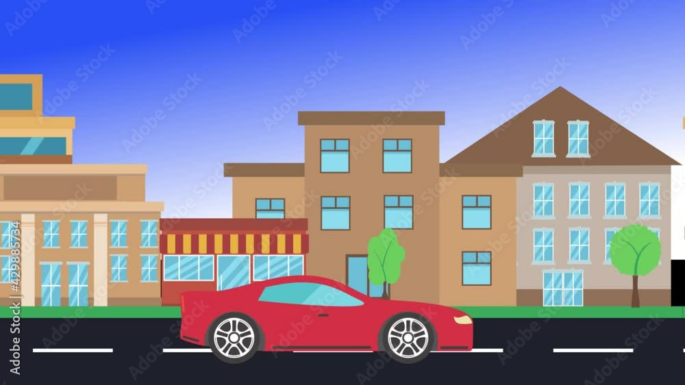 car driving rides around city side view, loop animation, flat design background
