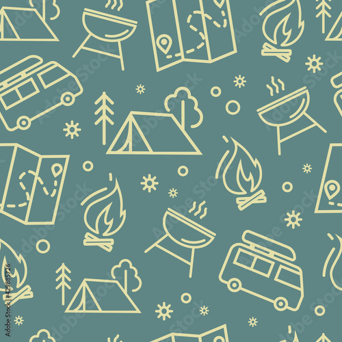 Elements of Camping, family tourism. A camping tent, a burning campfire, a map, a barbecue, and a van. Family camp in the woods, hiking items vector seamless pattern of icons in a linear style