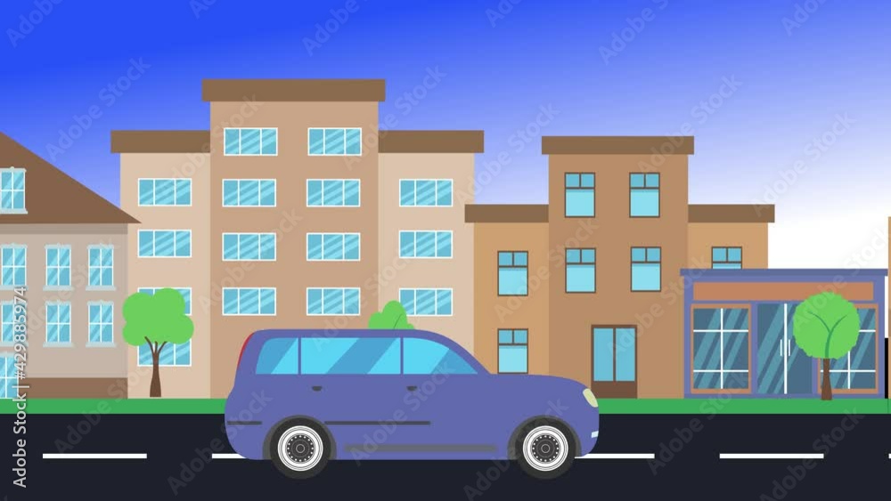car driving rides around city side view, loop animation, flat design ...