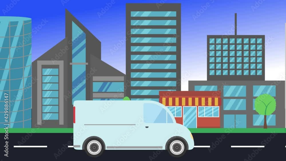car driving rides around city side view, loop animation, flat design background car driving rides around city side view, loop animation, flat design background