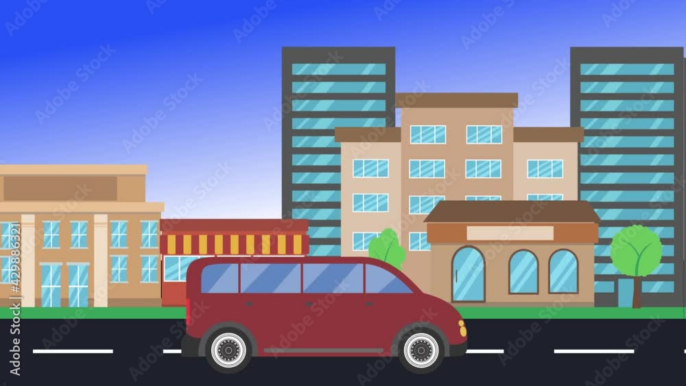 car driving rides around city side view, loop animation, flat design background car driving rides around city side view, loop animation, flat design background