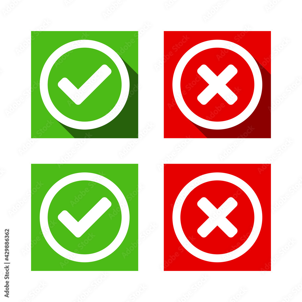 Yes and No or Right and Wrong Green and Red Choice or Rating Push Button Icon Set with Checkmark and X Cross Symbols and Shadow. Vector Image. Yes and No or Right and Wrong Green and Red Choice or Rating Push Button Icon Set with Checkmark and X Cross Symbols and Shadow. Vector Image.