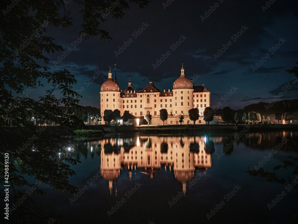 Night panoramic photo of Moritzburg castle , in Dresden, germany.