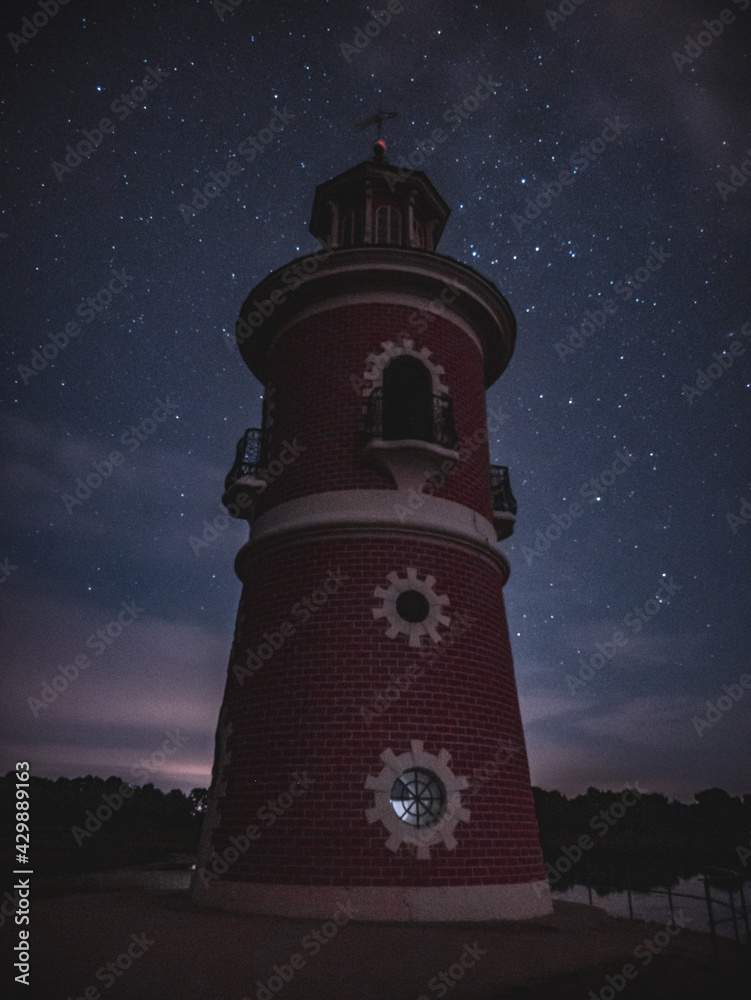 Nighttime photo of the lighthouse in Moritzburg, Germany.