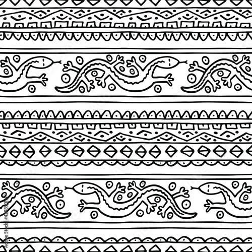 Seamless border pattern with hand drawn lizard and abstract figures, lined in horizontal stripes. Monochrome vector background design for wallpaper, textile, wrapping, banner, poster, cover