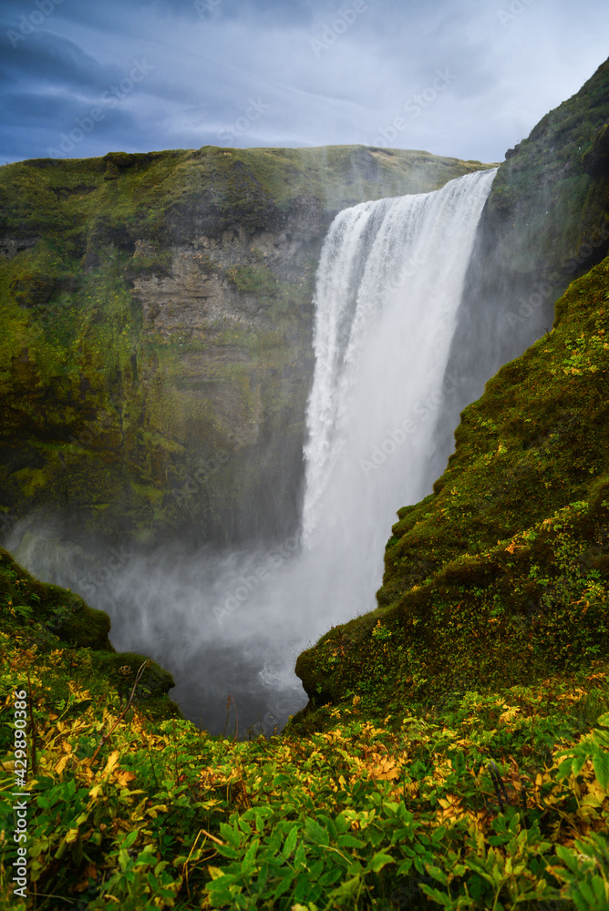 Skógafoss waterfall on the beginning of the Fimmvörðuháls trekking route, Skógar, south coast of Iceland Skógafoss waterfall on the beginning of the Fimmvörðuháls trekking route, Skógar, south coast of Iceland
