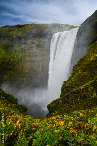 Skógafoss waterfall on the beginning of the Fimmvörðuháls trekking route, Skógar, south coast of Iceland