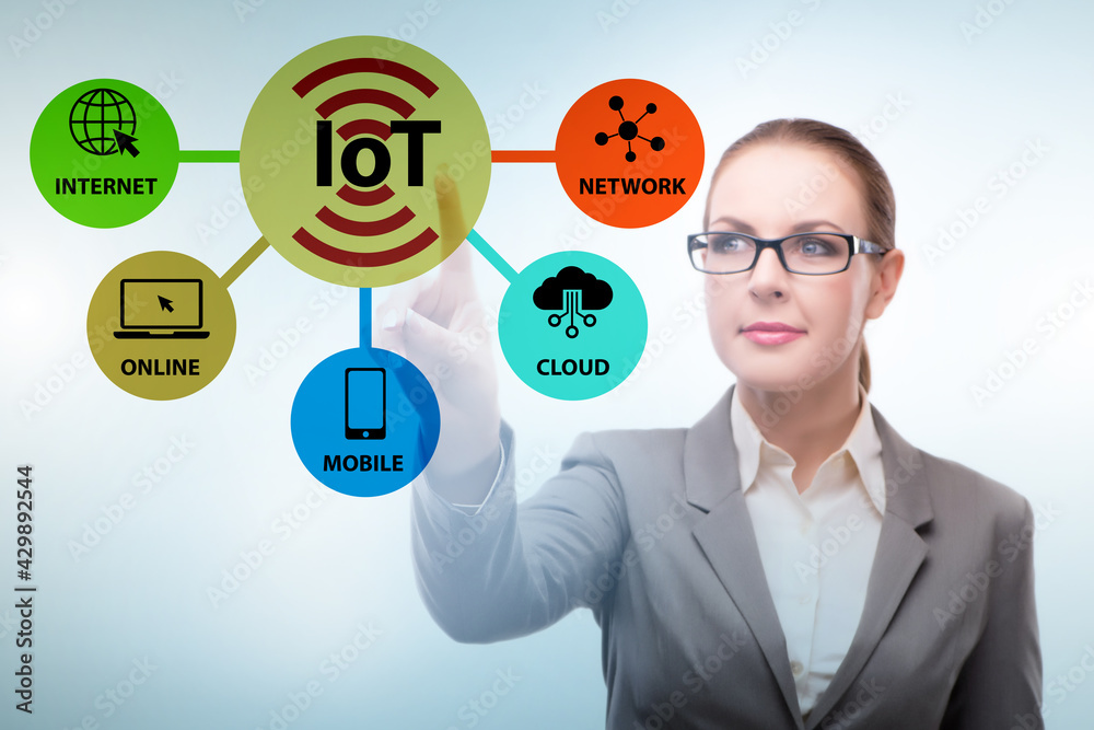 Businesswoman pressing virtual button in IoT concept Businesswoman pressing virtual button in IoT concept