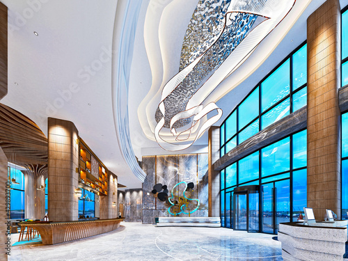 3d render luxury hotel reception lobby hall photo