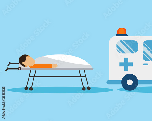 Injured man is waiting on a stretcher into ambulance vehicle. Cartoon vector style for your design.