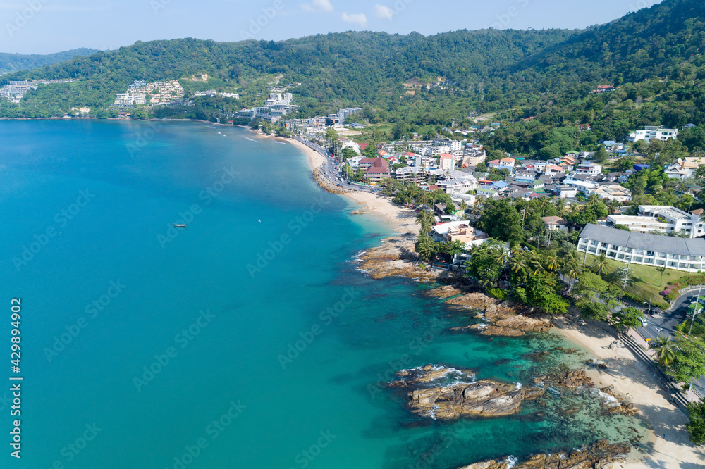 Aerial view of beautiful sunny day Seashore at Kalim beach near Patong beach in Phuket Thailand Amazing sea landscape High angle view
