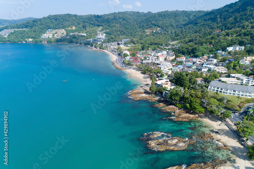 Fototapeta Naklejka Na Ścianę i Meble -  Aerial view of beautiful sunny day Seashore at Kalim beach near Patong beach in Phuket Thailand Amazing sea landscape High angle view