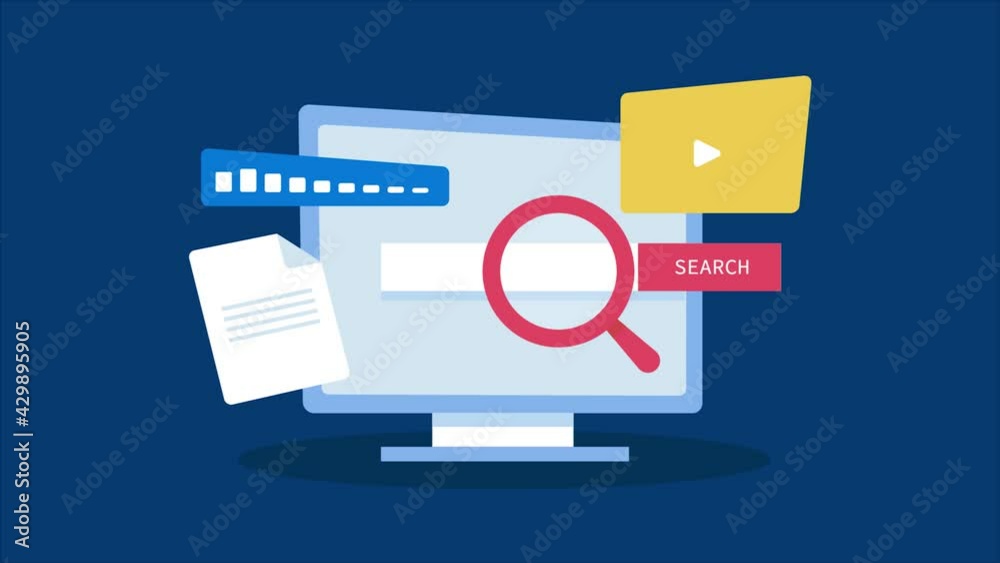 Online business review and rating, internet search, SEO concept. 2d animation, 4k video clip.