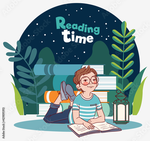 Little, cute boy reading a book in the garden. Nature landscape background. Summer holidays illustration. Vacation time
