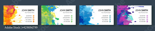 Set of bright colorful business card template with vector watercolor splash background