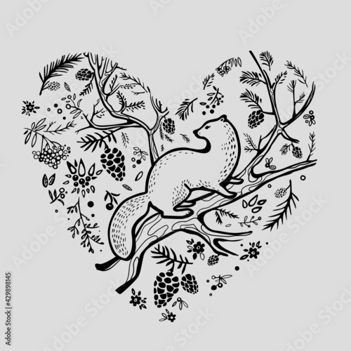 heart of the forest. Branches, herbs, leaves forming heart. Vector illustration for card