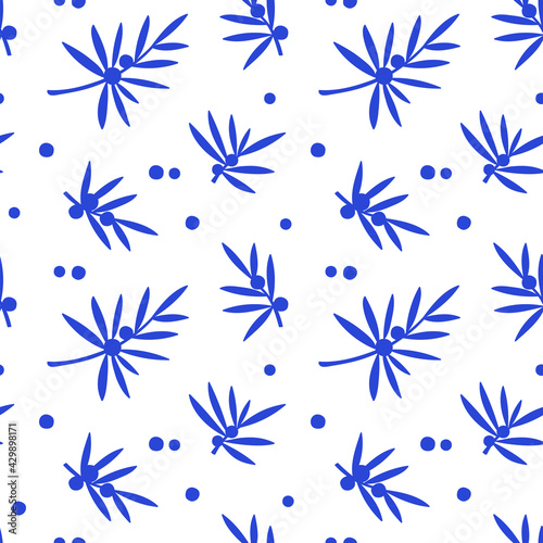 juniper twigs seamless pattern, siberian style, vector illustration
