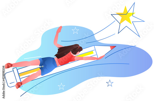 woman designer flying on pencil creativity new startup ideas generation imagination inspiration concept