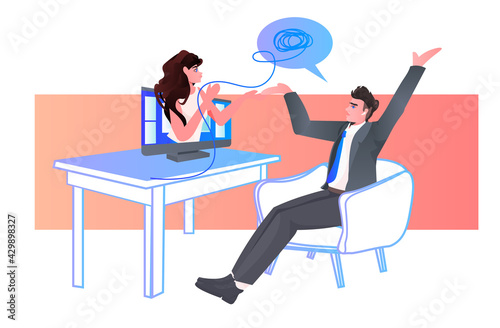 psychologist on monitor discussing with male patient during online therapy session treatment of stress addictions