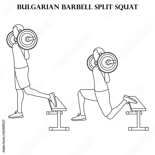 Bulgarian barbell split squat exercise strength workout vector illustration outline