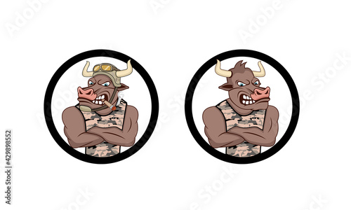 Bull army cartoon character design illustration vector eps format , suitable for your design needs, logo, illustration, animation, etc. photo