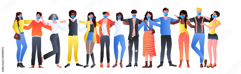 Fototapeta premium stop asian hate mix race activists with banners protesting against racism support people during coronavirus pandemic
