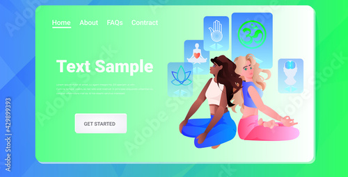 mix race women sitting lotus pose yoga workout wellness program recreation meditation concept horizontal