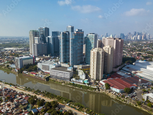 Aerial of Eastwood City and the Marikina River. Northern Metro Manila cityscape and skyline. photo