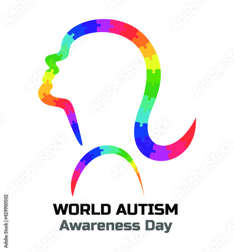 Autism Awareness Day. Colorful puzzle profile of a woman. Concept stock vector	