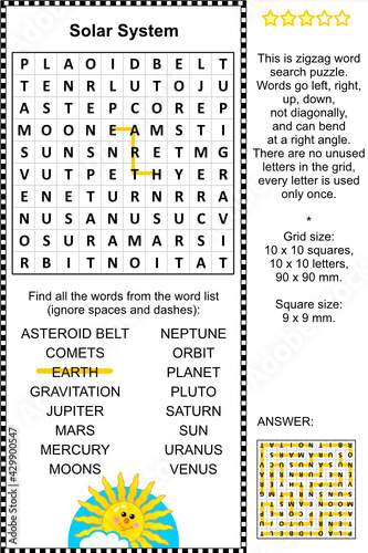 Solar system themed zigzag word search puzzle (suitable both for kids and adults). Answer included.
