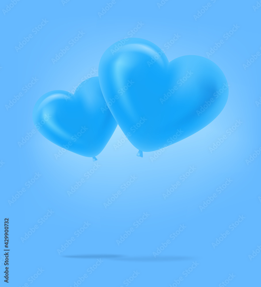 Blue heart air balloons on white background. Banner with copy space ready for a text